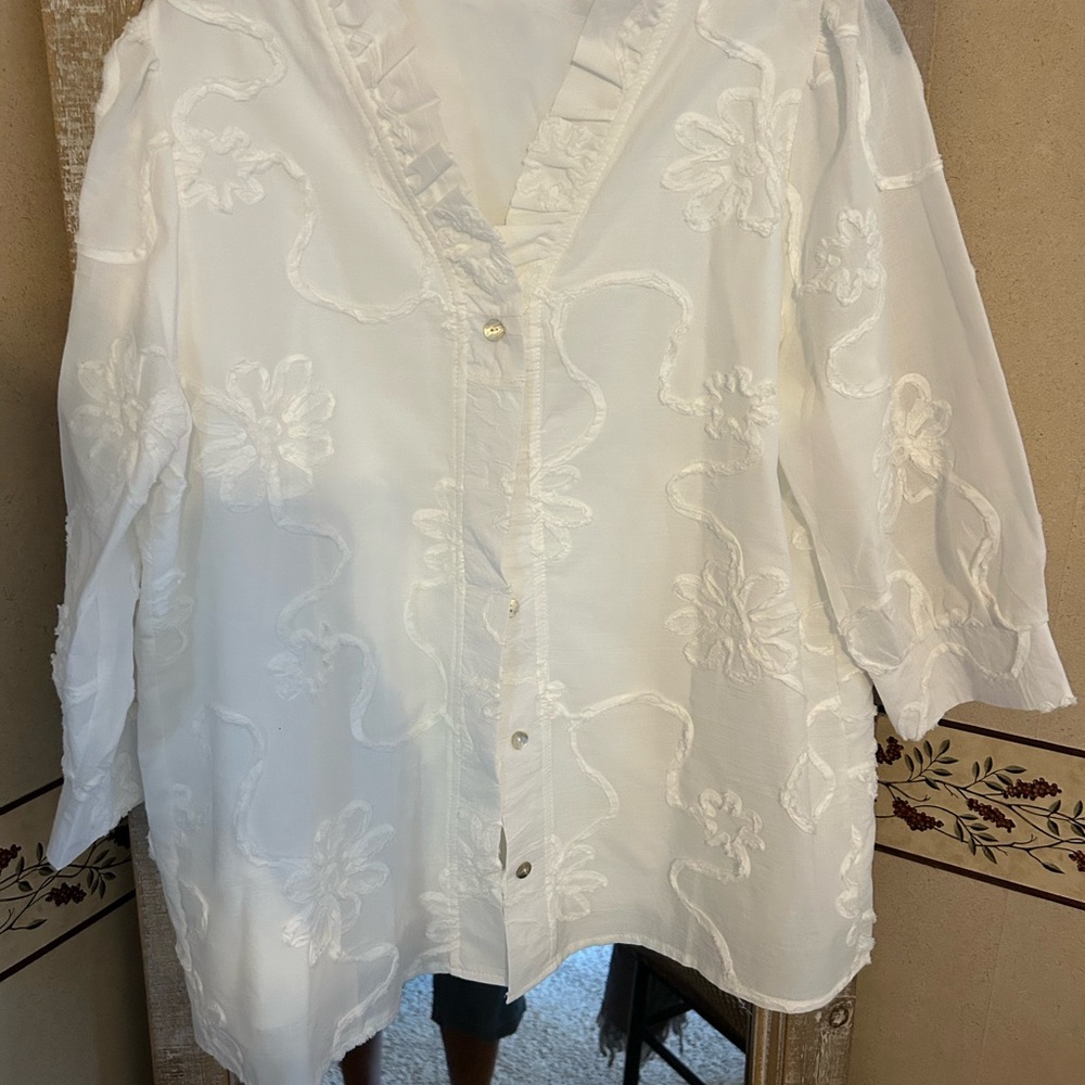 White Embroidered V-Neck Women's Blouse